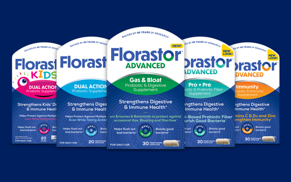 Florastor probiotic product packaging including new gas and bloat