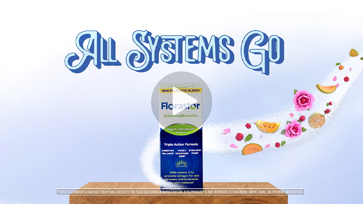 Florastor® Digest + Skin Renew Balanced Benefits product on display with a botanical ingredient graphic and the phrase 'Find Your Balance' with a video play button overlay to watch the YouTube video.