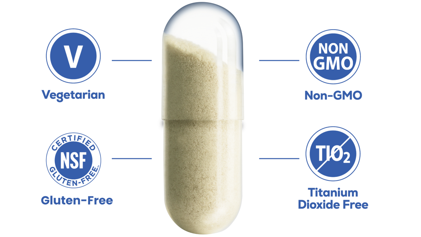 A Florastor® capsule labeled Vegetarian, Non-GMO, Gluten-Free, and Titanium Dioxide Free